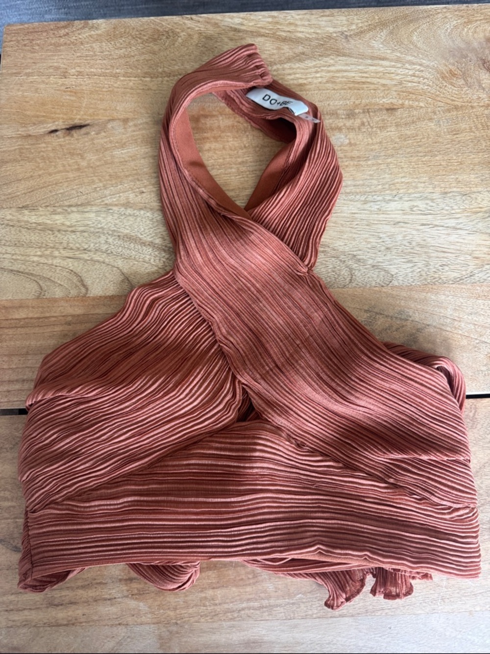 Doe & Rae Rust-Orange Pleated Halter Crop Top